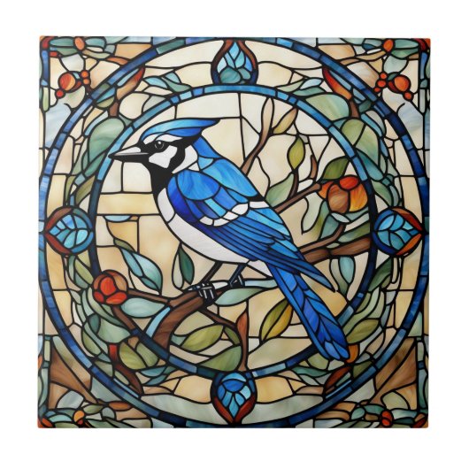 Blue Jay Faux Glas in lood Bluejay Bird Tegeltje (Voorkant)