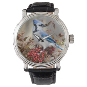 Blue Jay in Nandina Heavenly Bamboo Horloge