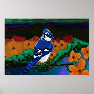 Blue Jay in Oranje Flowers print