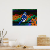 Blue Jay in Oranje Flowers print (Keuken)