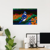 Blue Jay in Oranje Flowers print (Thuiskantoor)