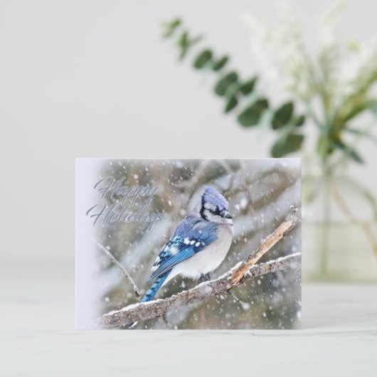 Blue Jay in Snow-kerstfeestdag Feestdagenkaart (Staand voorkant)