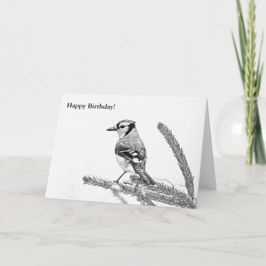 Blue Jay in Winter Sketch Birthday Kaart (Voorkant)