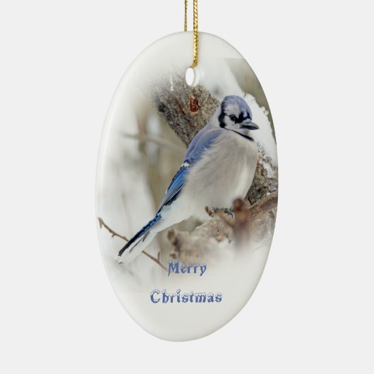 Blue Jay in Winter Snow Keramisch Ornament (Rechts)