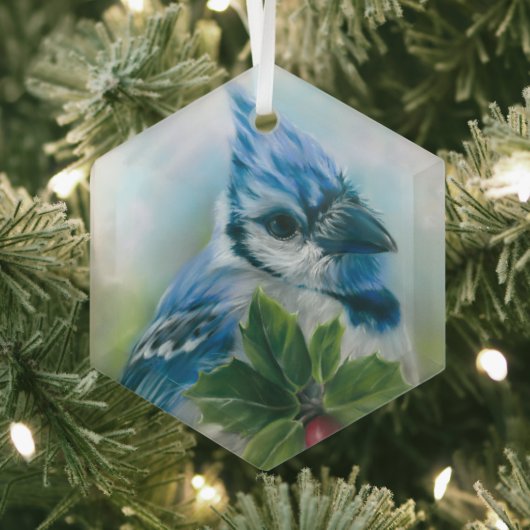 Blue Jay met Holly Pastel Art Glas Ornament (Insitu)