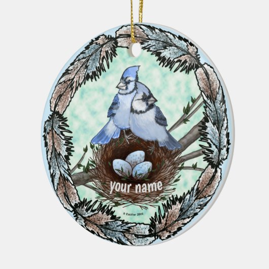 Blue Jay Nest Keramisch Ornament (Links)