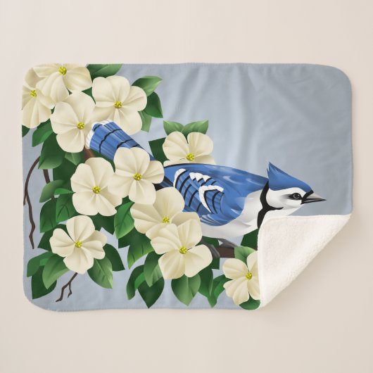 Blue Jay onder Dogwood Flowers Sherpa Deken (Voorkant (horizontaal))