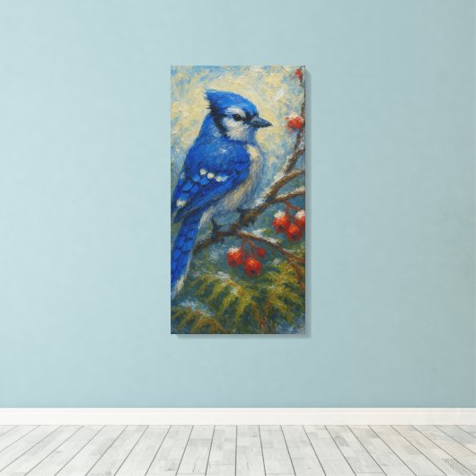 Blue Jay op Berry Branch - Kleurrijke Vogel Natuur Canvas Afdruk (Insitu (Houten vloer))