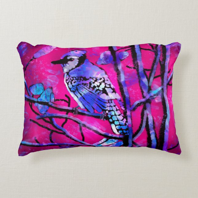 Blue Jay op Tree Branches Abstracte kunst roze Accent Kussen (Voorkant)