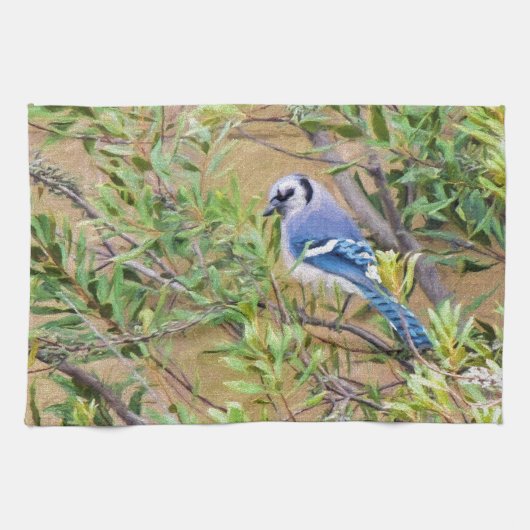 Blue Jay op Wax Myrtle Theedoek (Horizontaal)