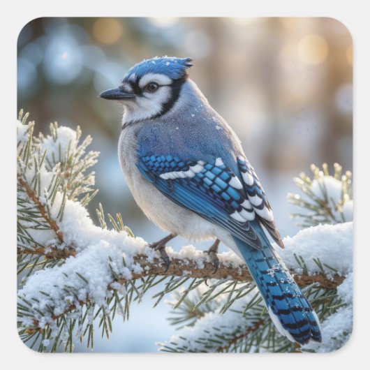 Blue Jay Perched On a Snowy Pine Vierkante Sticker (Voorkant)