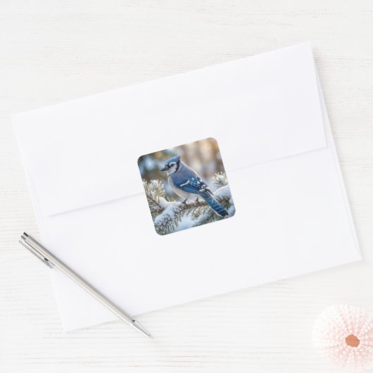 Blue Jay Perched On a Snowy Pine  Vierkante Sticker (Envelop)