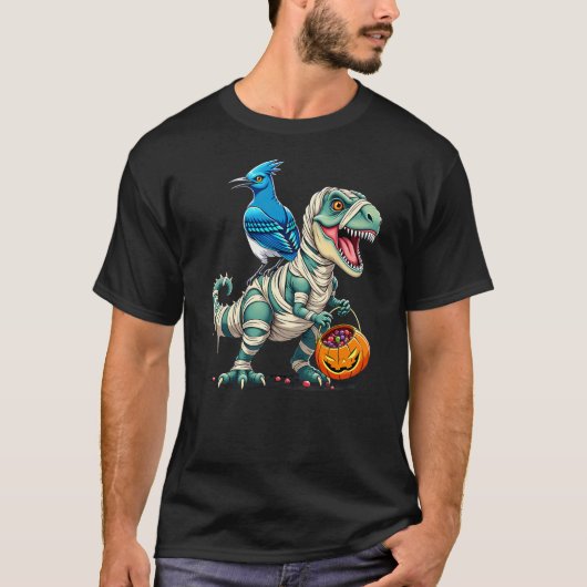 Blue Jay Riding Mummy T-Rex Dinosaur Halloween T-shirt (Voorkant)