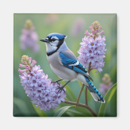  Blue Jay Staande op Lila Branches Magneet