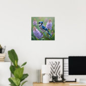 Blue Jay Staande op Lila Branches Poster (Thuiskantoor)