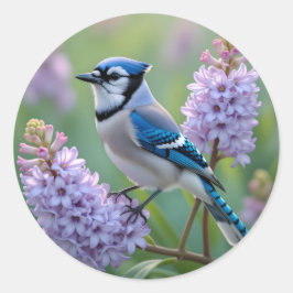  Blue Jay Staande op Lila Branches Ronde Sticker