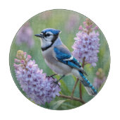 Blue Jay Staande op Lila Branches Snijplank (Voorkant)
