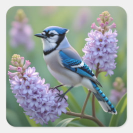 Blue Jay Staande op Lila Branches Vierkante Sticker