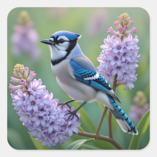 Blue Jay Staande op Lila Branches Vierkante Sticker (Voorkant)