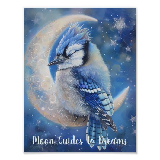 Blue Jay vogel baby slapen op Moon Foto Afdruk (Voorkant)