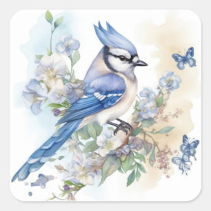 Blue Jay Vogelbloemen Springtime Zomer Natuur Vierkante Sticker