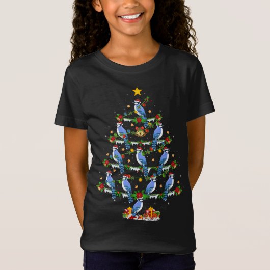 Blue Jay Vogelliefhebber Kerstmis Verlichting Blau T-shirt (Voorkant)