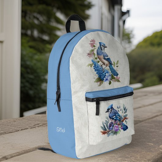 Blue Jays Flowers en optionele Monogram Initialen Bedrukte Rugzak
