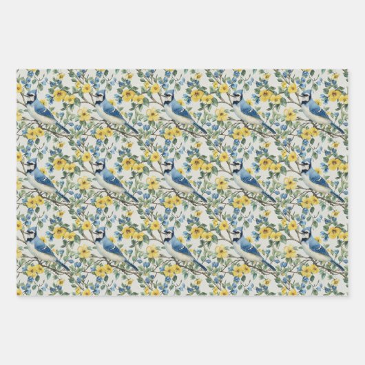 Blue Jays Vogeltakken en Bloesems Inpakpapier Vel (Voorkant)