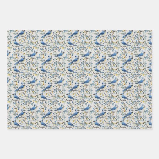 Blue Jays Vogeltakken en Bloesems Inpakpapier Vel (Voorkant 3)