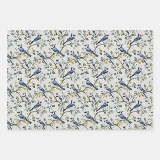 Blue Jays Vogeltakken en Bloesems Inpakpapier Vel (Voorkant 2)