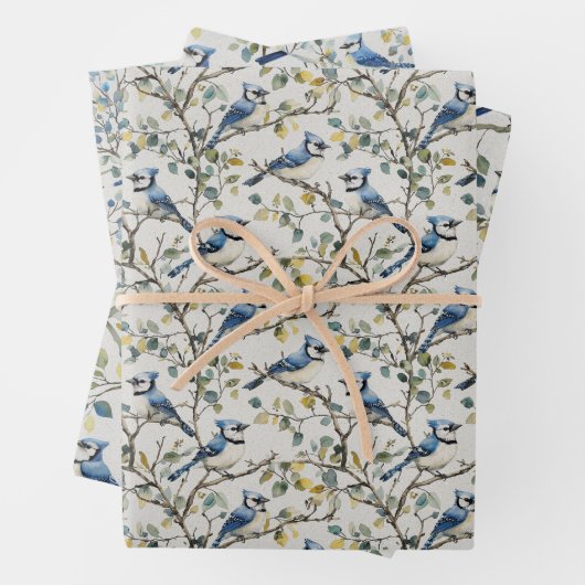 Blue Jays Vogeltakken en Bloesems Inpakpapier Vel (In situ)