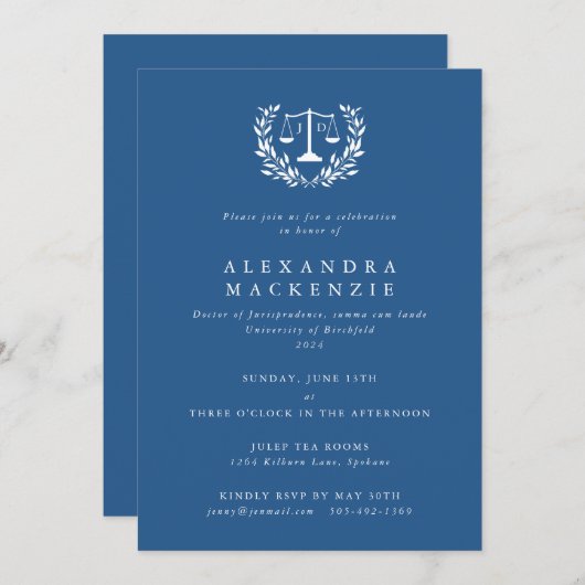 Blue JD Law Scales Laurel Wreath Afstuderen Invita Kaart (Voorkant / Achterkant)