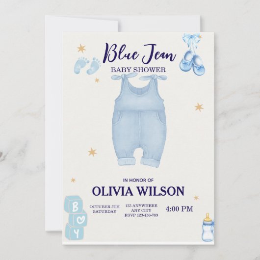Blue jean baby denim baby shower uitnodiging (Voorkant)
