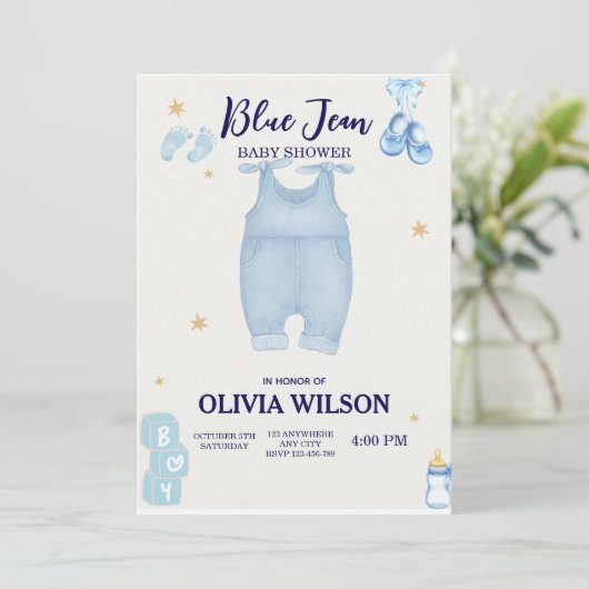 Blue jean baby denim baby shower uitnodiging (Staand voorkant)