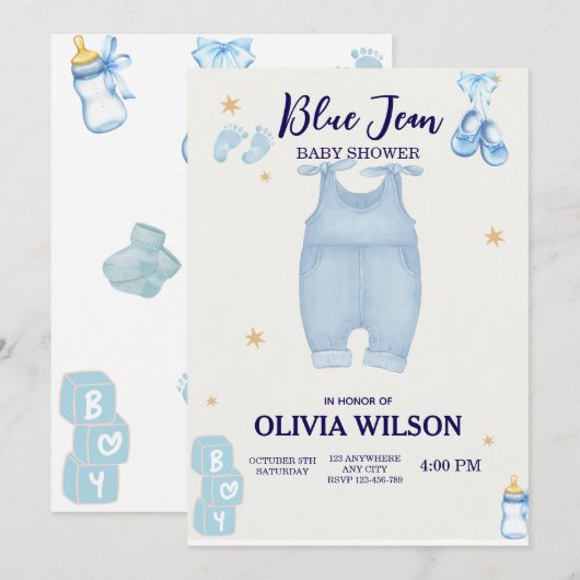 Blue jean baby denim baby shower uitnodiging (Voorkant / Achterkant)