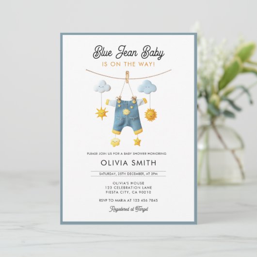 Blue Jean Baby Is On The Way Baby Shower Kaart (Staand voorkant)