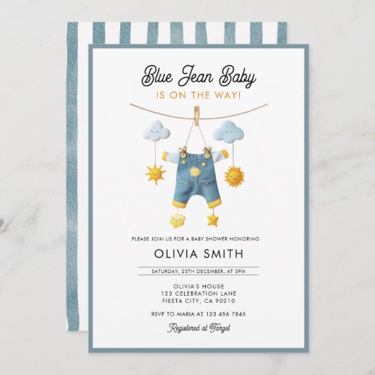 Blue Jean Baby Is On The Way Baby Shower Kaart (Voorkant / Achterkant)
