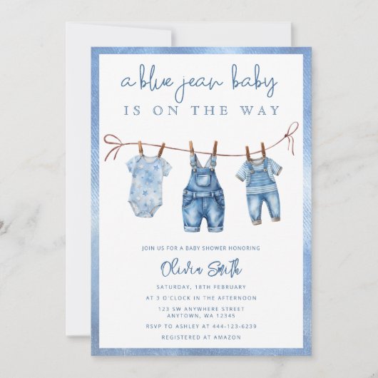 Blue Jean Baby is onderweg naar het Denim Boy Baby Kaart (Voorkant)
