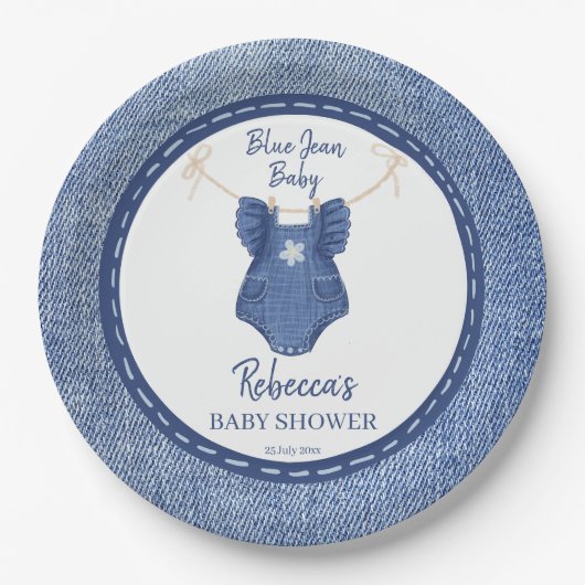 Blue jean baby meisjes baby shower gepersonaliseer papieren bordje (Voorkant)