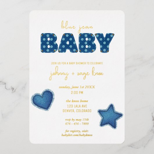 Blue Jean Baby | Modern Baby shower | lappendeken Folie Uitnodiging (Voorkant)