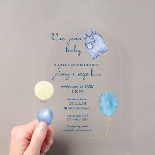 Blue Jean Baby Moderne babyborrel Ballonboog Acryl Uitnodigingen