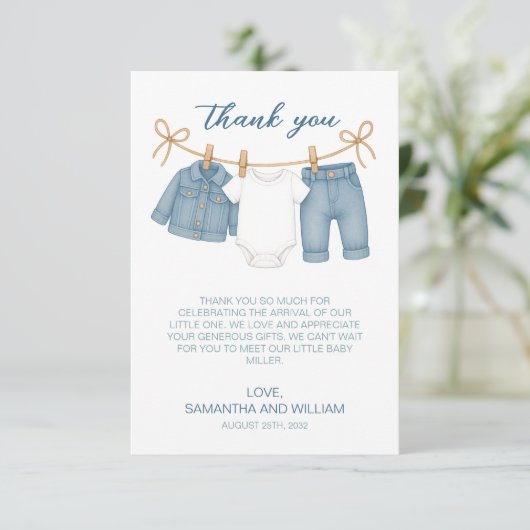 Blue Jean Baby op weg naar Baby shower Bedankkaart (Staand voorkant)