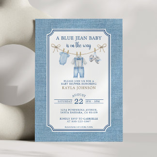 Blue Jean Baby Shower Watercolor Clothesline Kaart