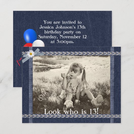 Blue Jean Birthday Invite Kaart (Voorkant / Achterkant)