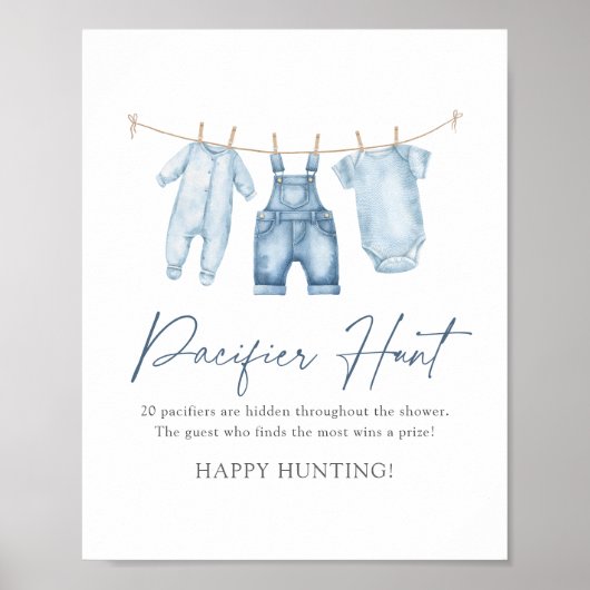 Blue Jean Denim Baby shower Pacifier Hunt Sign Poster (Voorkant)