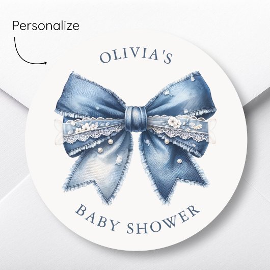 Blue Jean Denim Bow Baby shower Ronde Sticker
