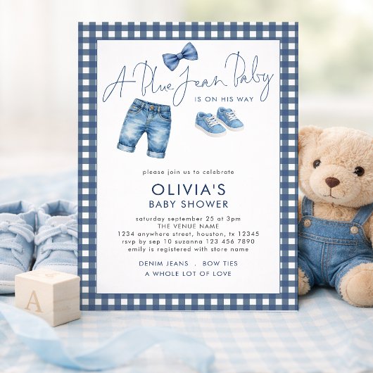 Blue Jean Denim Boy Gingham Baby Shower  Kaart
