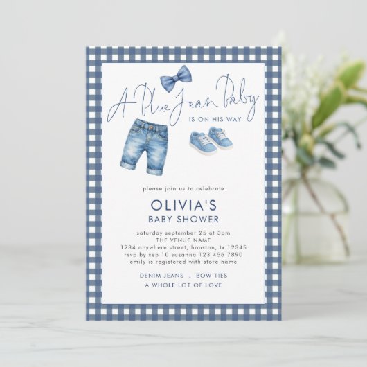 Blue Jean Denim Boy Gingham Baby Shower  Kaart (Staand voorkant)