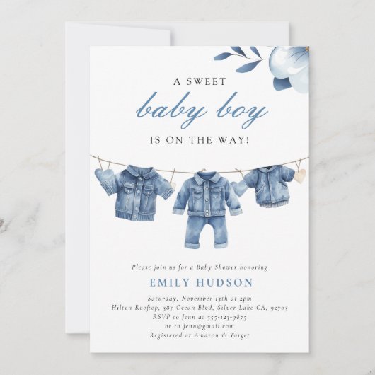 Blue Jean Denim Clothes Boy Baby shower Kaart (Voorkant)