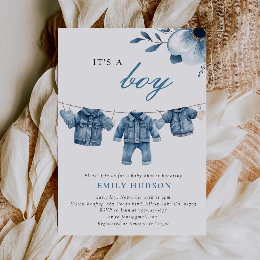 Blue Jean Denim Clothes Boy Baby shower Kaart